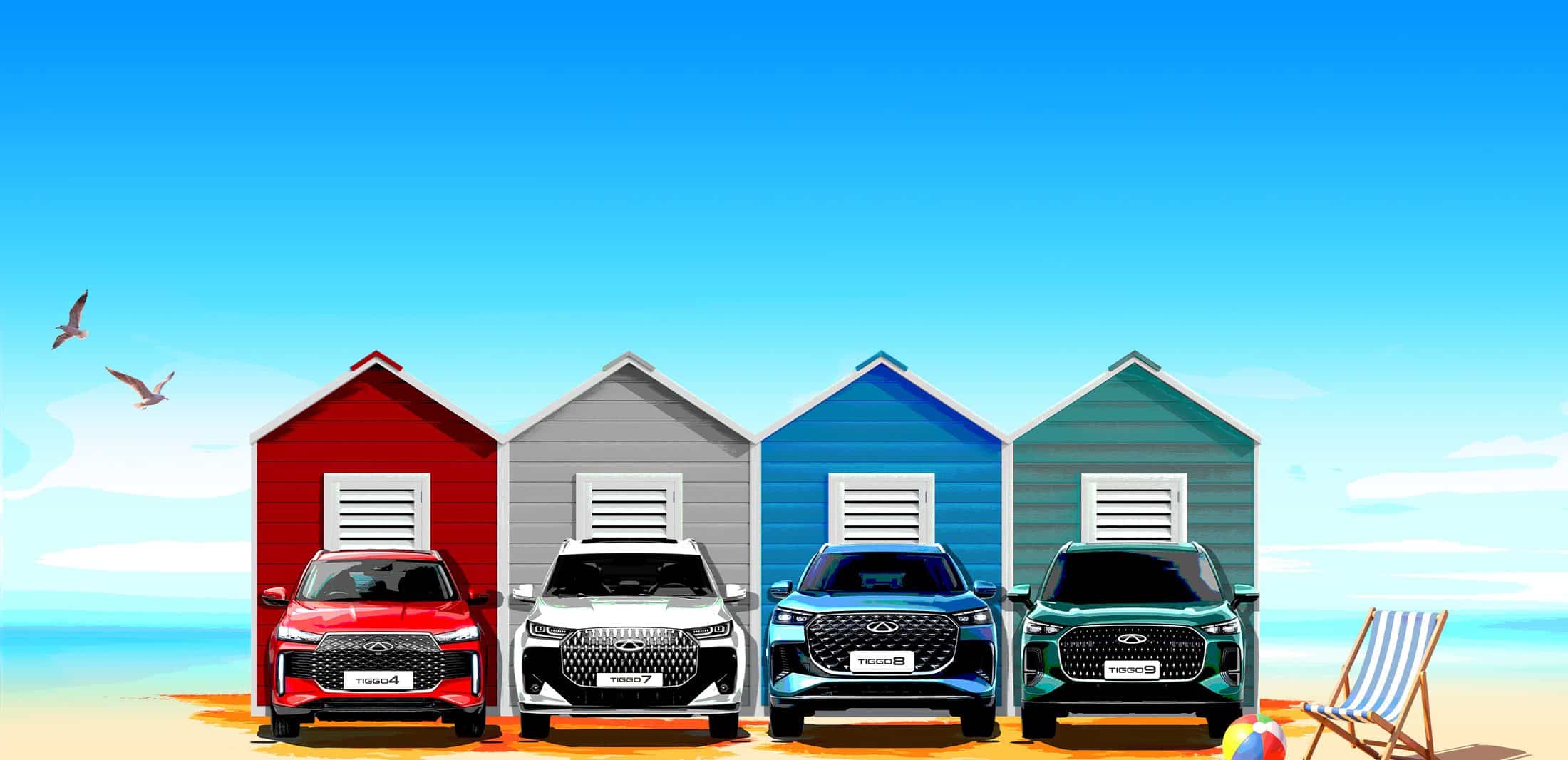 The Chery TIGGO range parked in front of beach huts on a summer beach