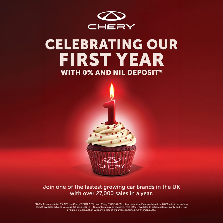 Chery UK first birthday — celebrating our first year with 0% APR and nil deposit