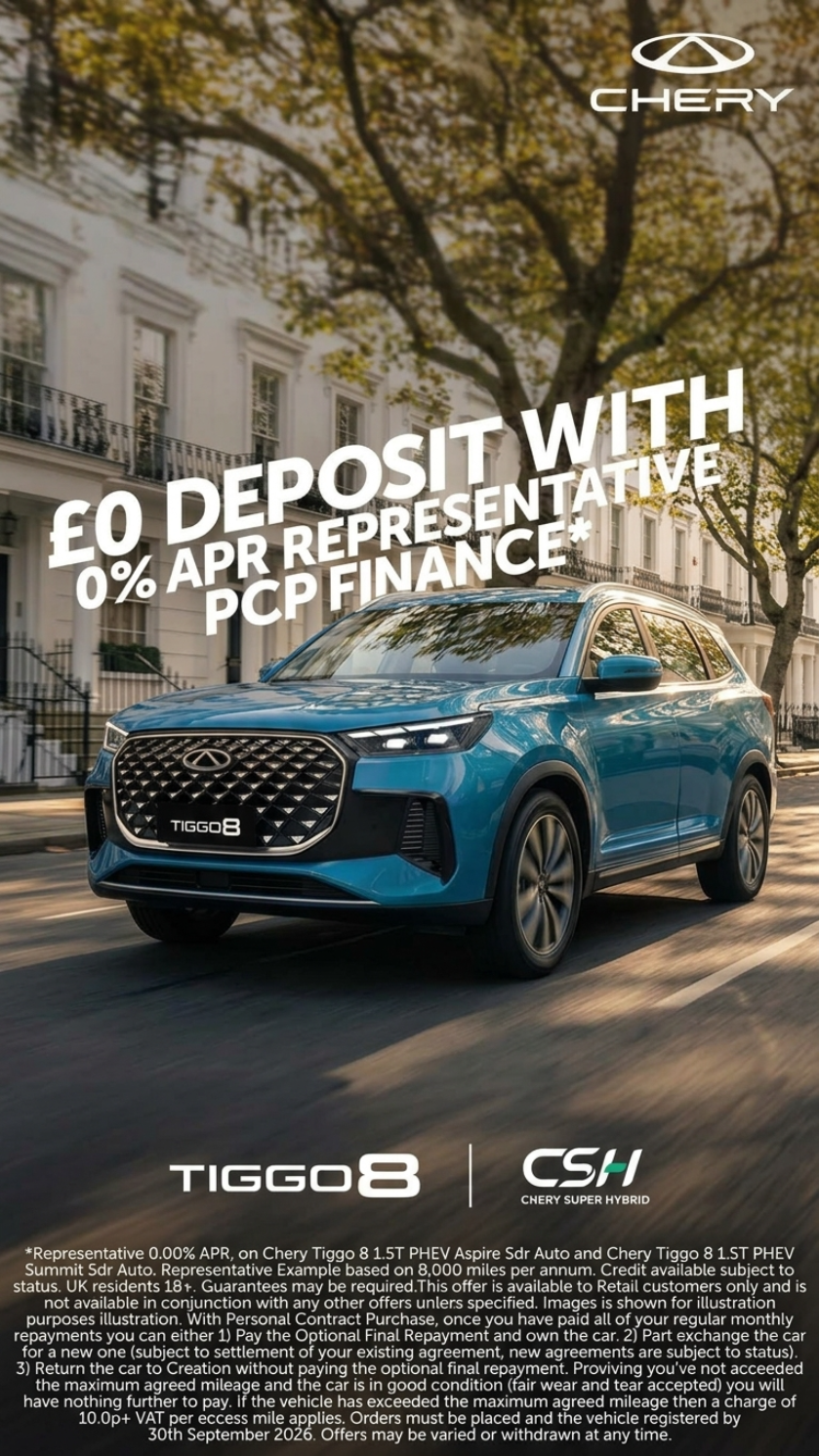 Chery TIGGO 8 — £0 Deposit, 0% APR